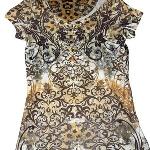 Brown and yellow leopard print blouse with‎ rhinestone detailing